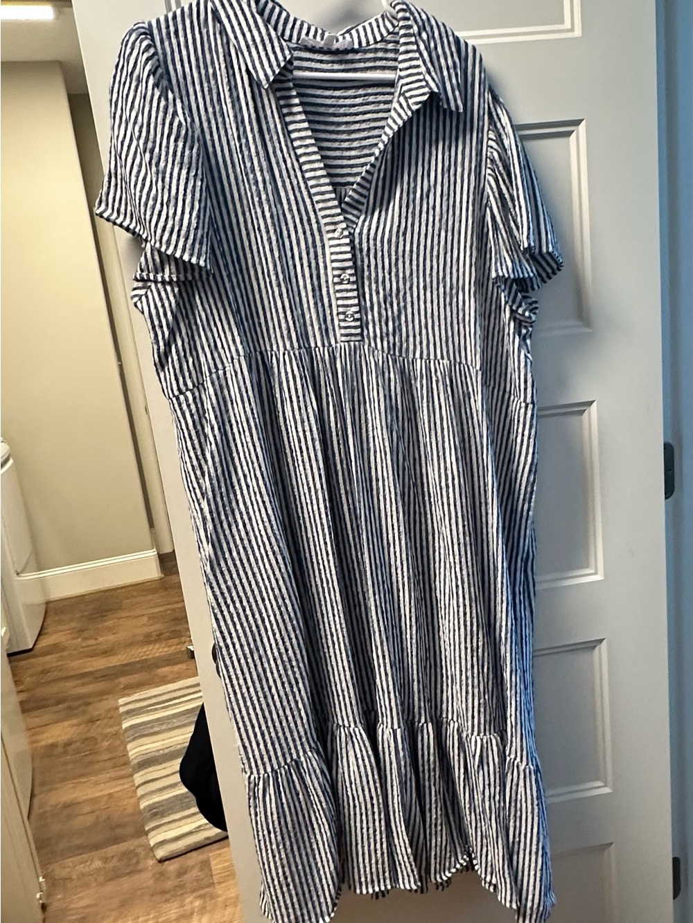 Jane and Delancey Blue and White Striped Collared Tiered Dress